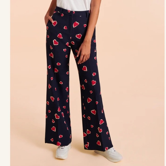 Tara Jarmon Trouser Pants Paulette Midgnight Blue Red Hearts print Pockets Sz 40 - Picture 1 of 15
